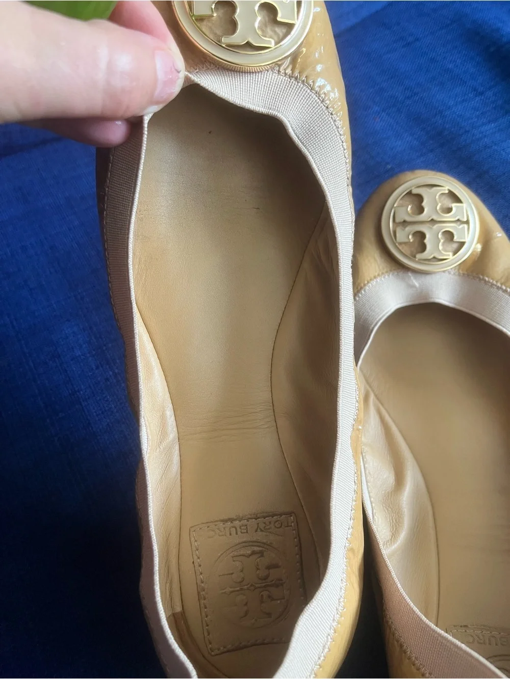 Tory Burch Two-Tone Beige Patent Leather Logo Ballet Flats
